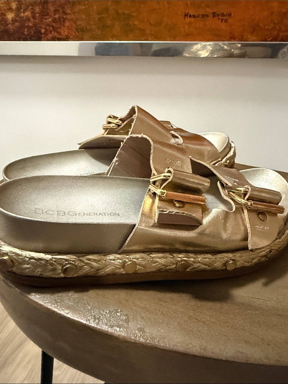 BCBGeneration Metallic Gold Espadrille Mule Slides